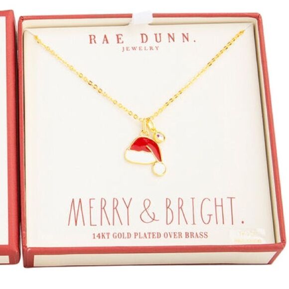 Rae Dunn Santa Hat yellow gold plated brass with cubic zirconia Necklace NIB - Picture 3 of 4
